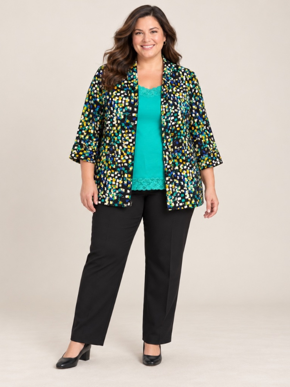 C.J. Banks 2X Multicolor Print Jacket & Teal Lace Tank 2 Piece Set